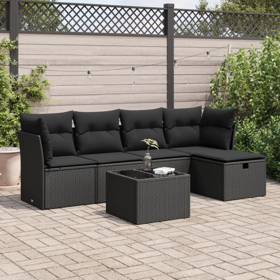 6-delige Loungeset met kussens poly rattan zwart