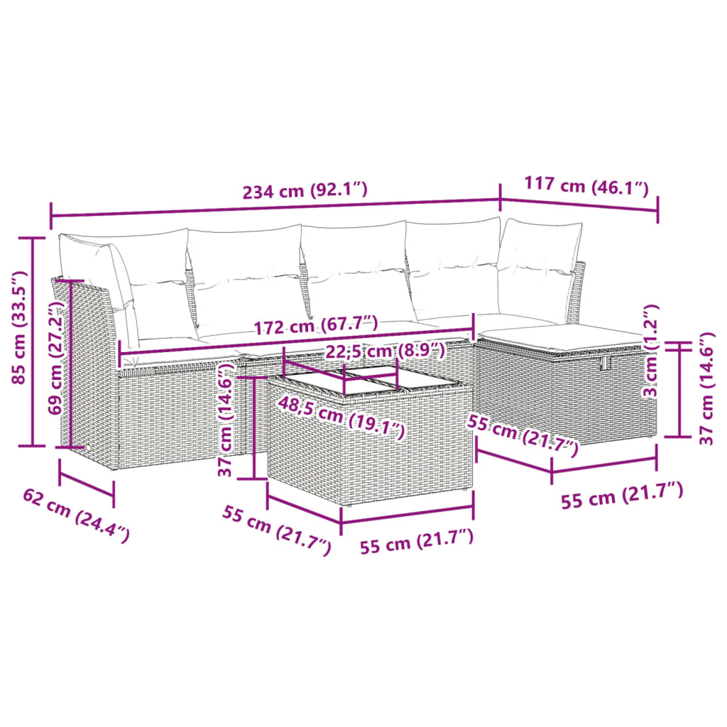 6-delige Loungeset met kussens poly rattan zwart
