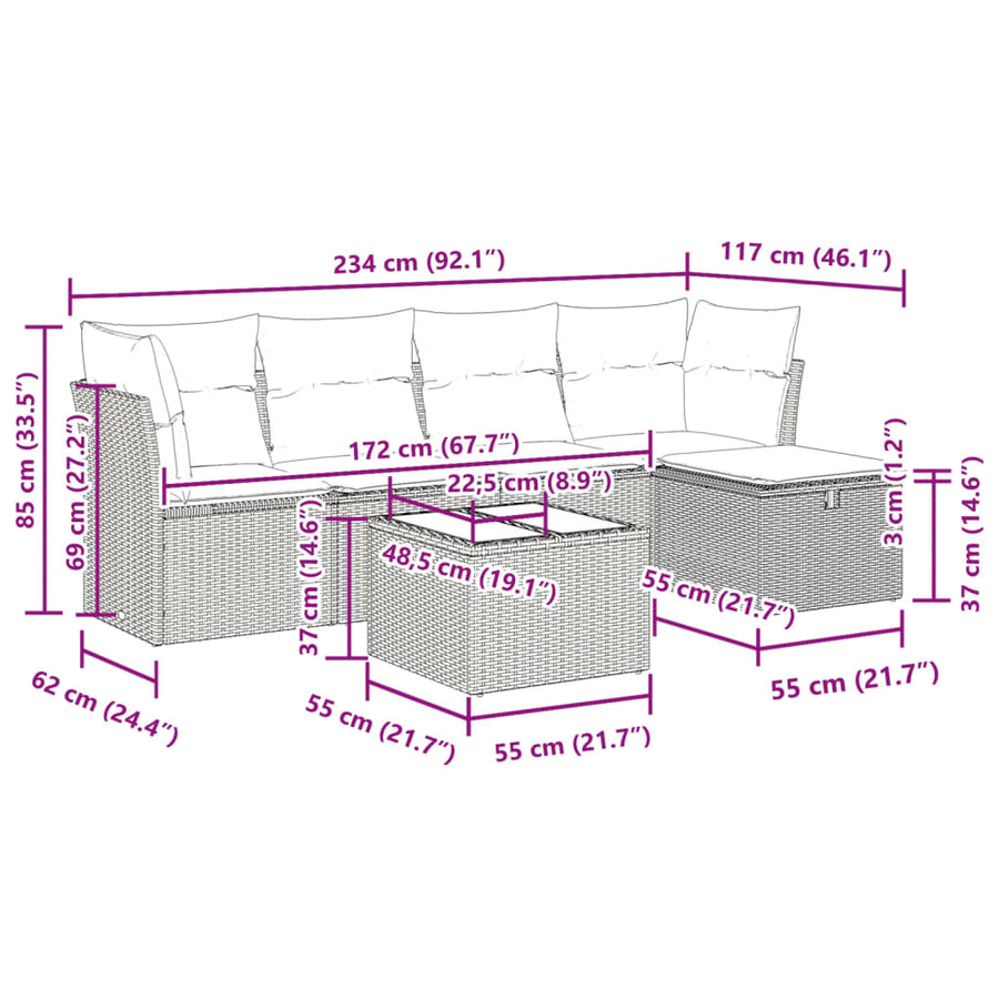 6-delige Loungeset met kussens poly rattan zwart