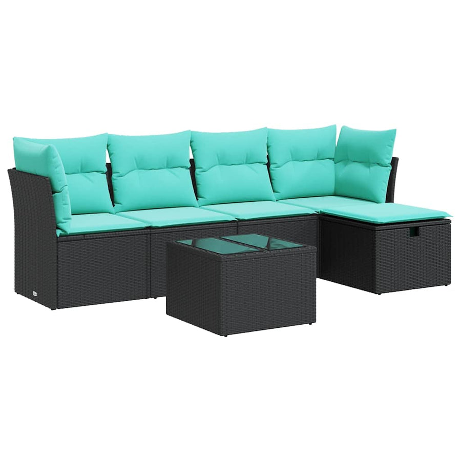 6-delige Loungeset met kussens poly rattan zwart