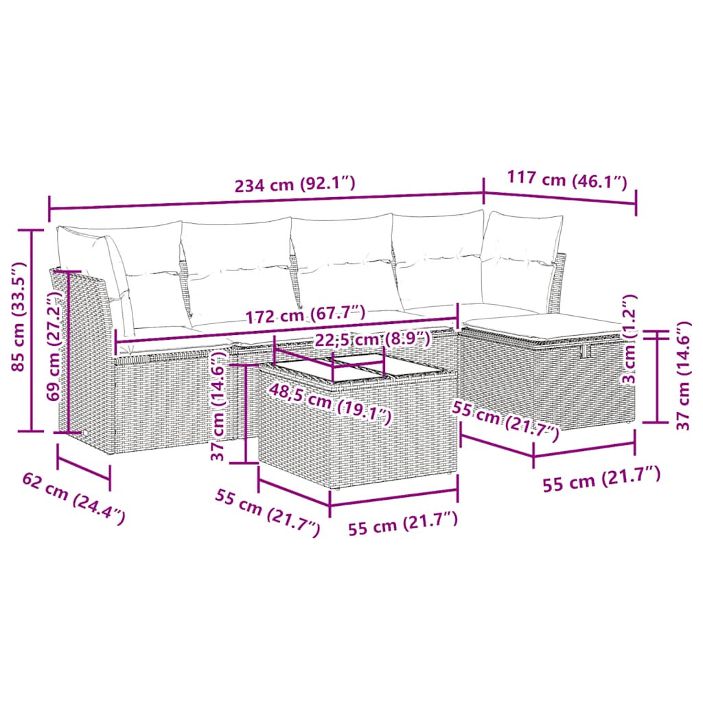 6-delige Loungeset met kussens poly rattan zwart