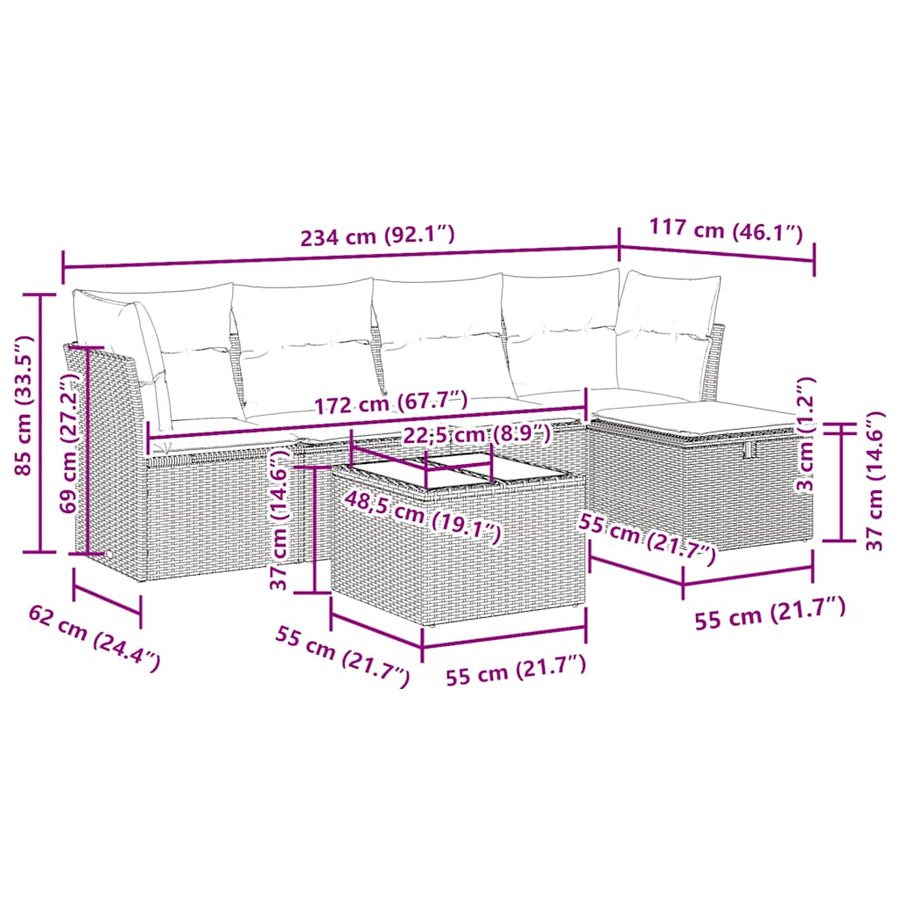 6-delige Loungeset met kussens poly rattan zwart