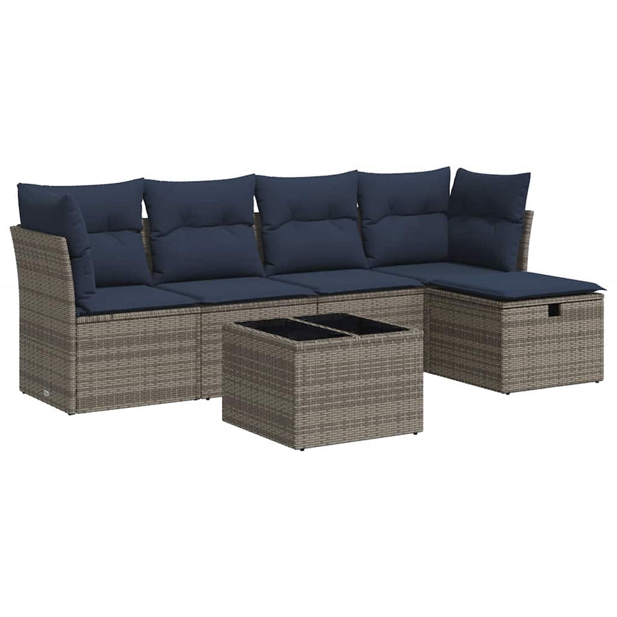 6-delige Loungeset met kussens poly rattan grijs