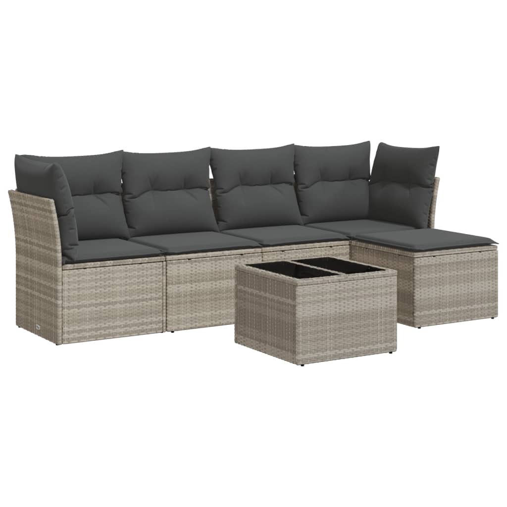 6-delige Loungeset met kussens poly rattan lichtgrijs
