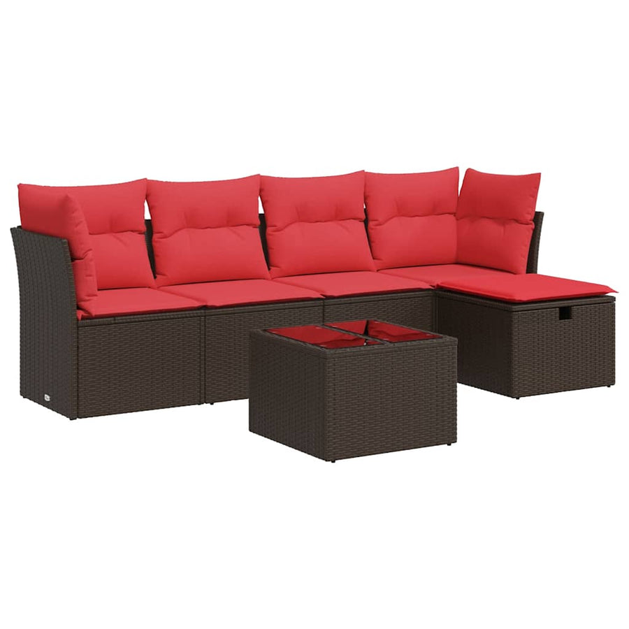 6-delige Loungeset met kussens poly rattan bruin