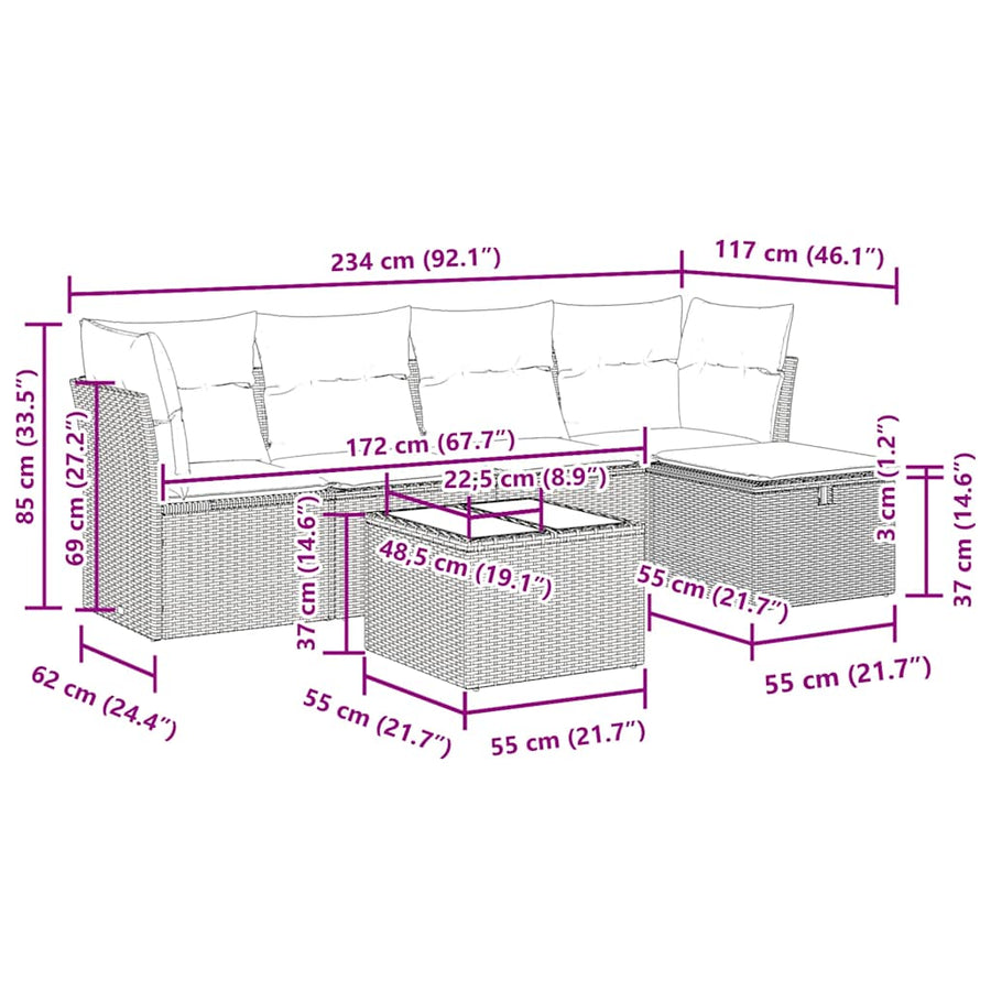 6-delige Loungeset met kussens poly rattan bruin