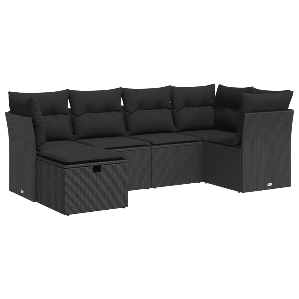 6-delige Loungeset met kussens poly rattan zwart
