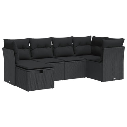 6-delige Loungeset met kussens poly rattan zwart