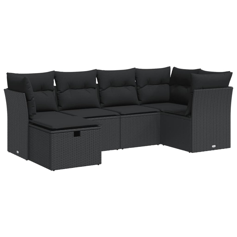 6-delige Loungeset met kussens poly rattan zwart