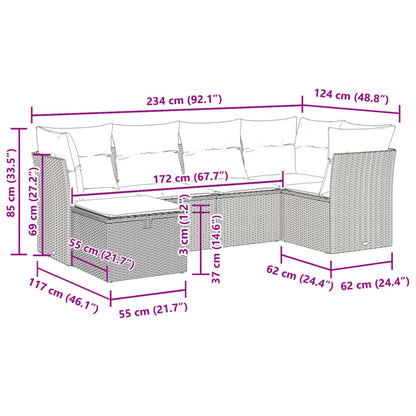 6-delige Loungeset met kussens poly rattan zwart