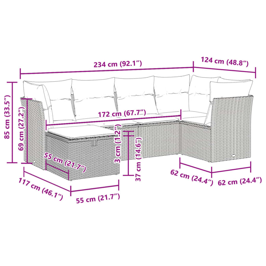 6-delige Loungeset met kussens poly rattan zwart