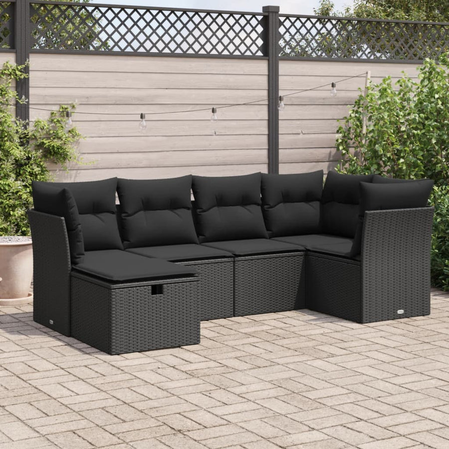 6-delige Loungeset met kussens poly rattan zwart