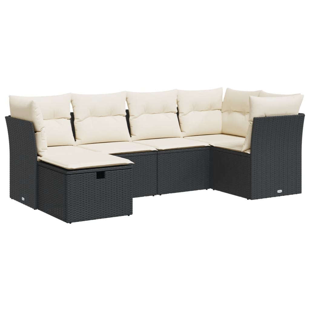6-delige Loungeset met kussens poly rattan zwart