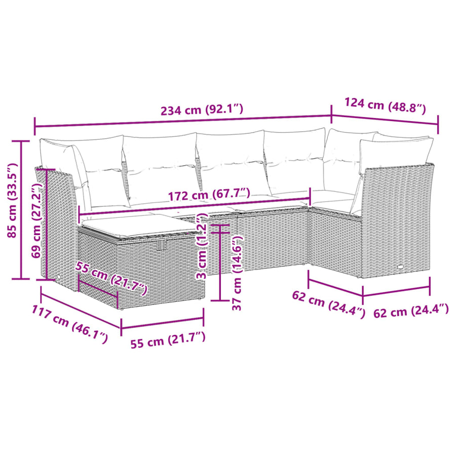 6-delige Loungeset met kussens poly rattan zwart