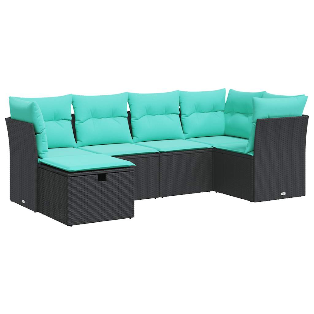 6-delige Loungeset met kussens poly rattan zwart