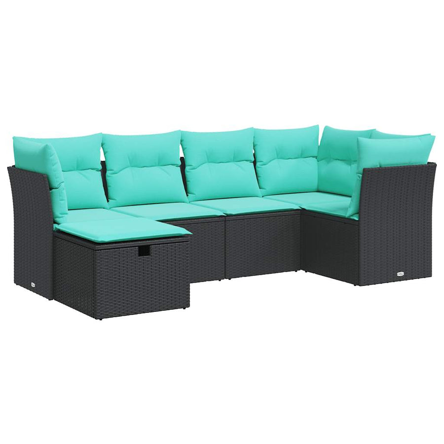 6-delige Loungeset met kussens poly rattan zwart