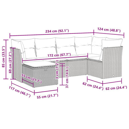 6-delige Loungeset met kussens poly rattan zwart