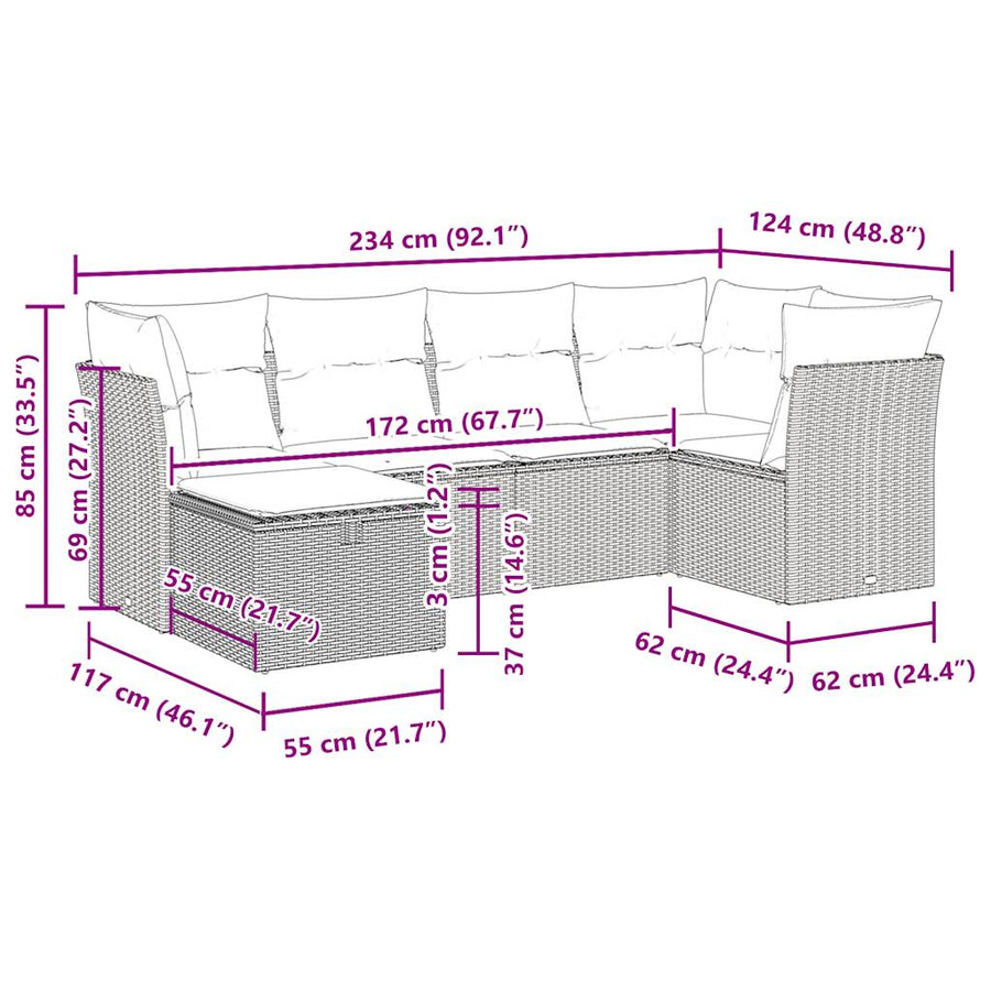 6-delige Loungeset met kussens poly rattan zwart