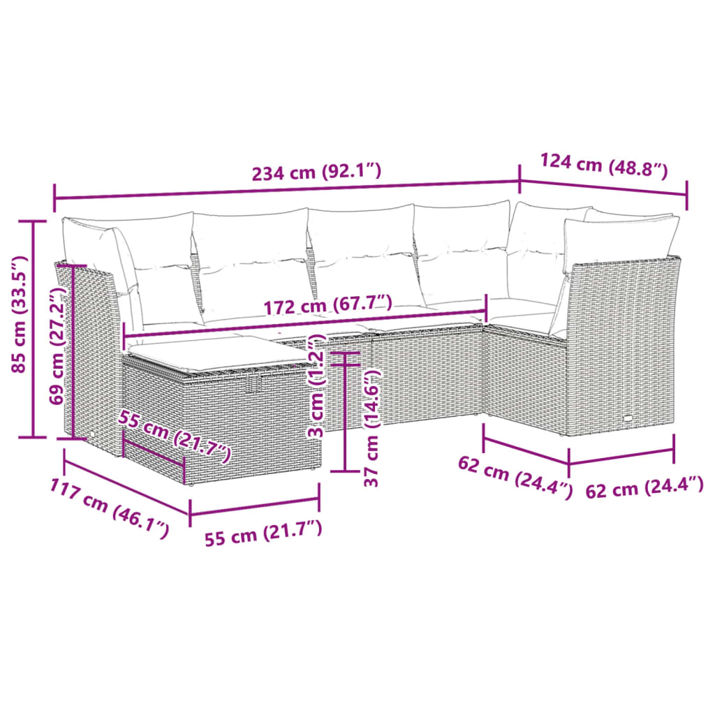6-delige Loungeset met kussens poly rattan beige