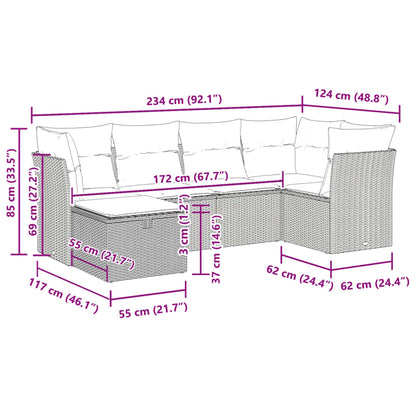 6-delige Loungeset met kussens poly rattan beige
