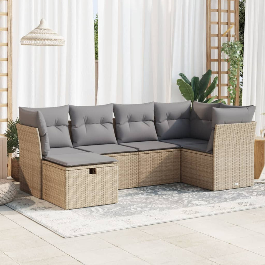 6-delige Loungeset met kussens poly rattan beige