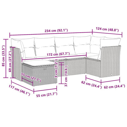 6-delige Loungeset met kussens poly rattan grijs
