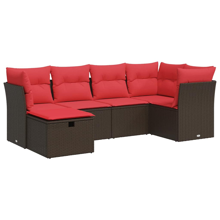6-delige Loungeset met kussens poly rattan bruin