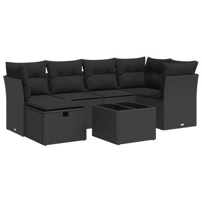 7-delige Loungeset met kussens poly rattan zwart