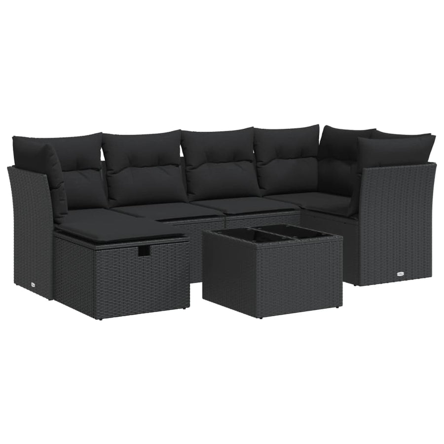 7-delige Loungeset met kussens poly rattan zwart