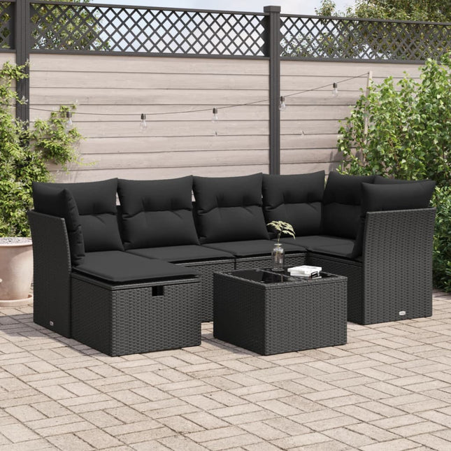 7-delige Loungeset met kussens poly rattan zwart