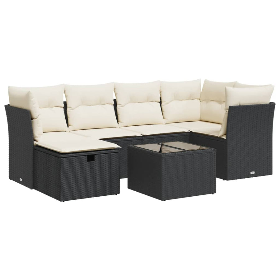7-delige Loungeset met kussens poly rattan zwart