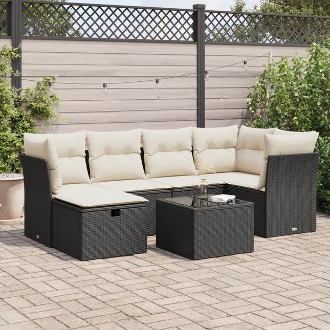 7-delige Loungeset met kussens poly rattan zwart