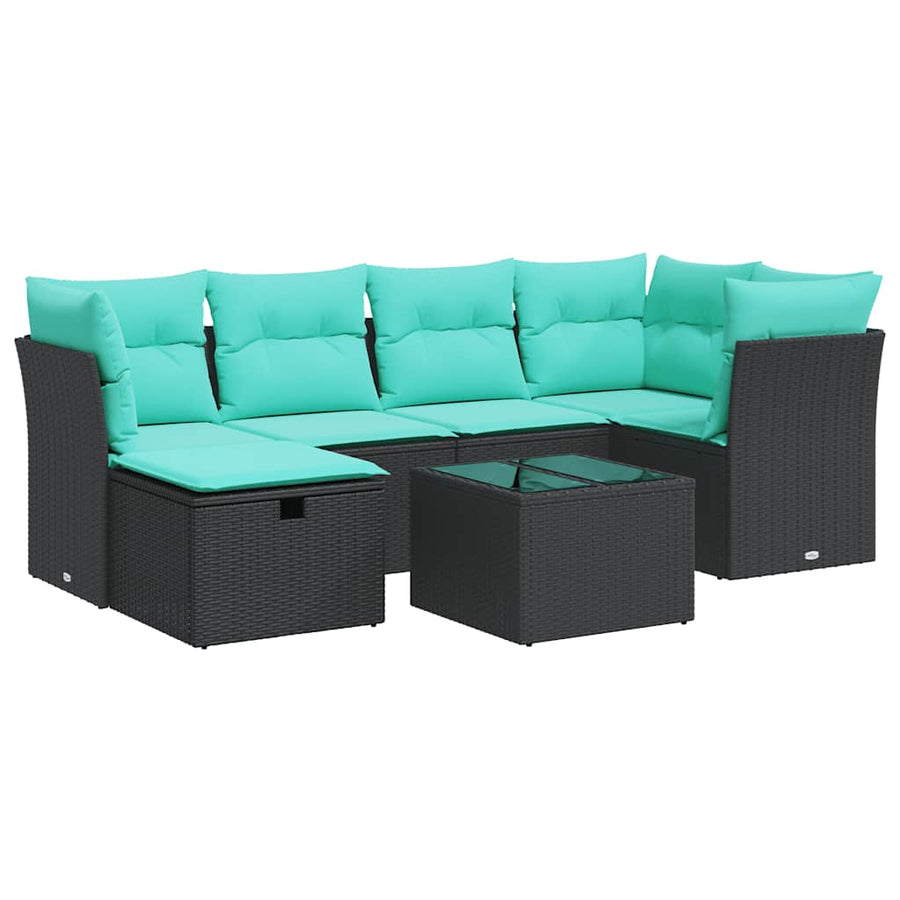 7-delige Loungeset met kussens poly rattan zwart
