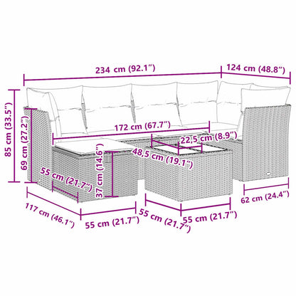 7-delige Loungeset met kussens poly rattan zwart