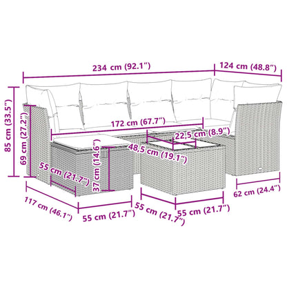 7-delige Loungeset met kussens poly rattan beige