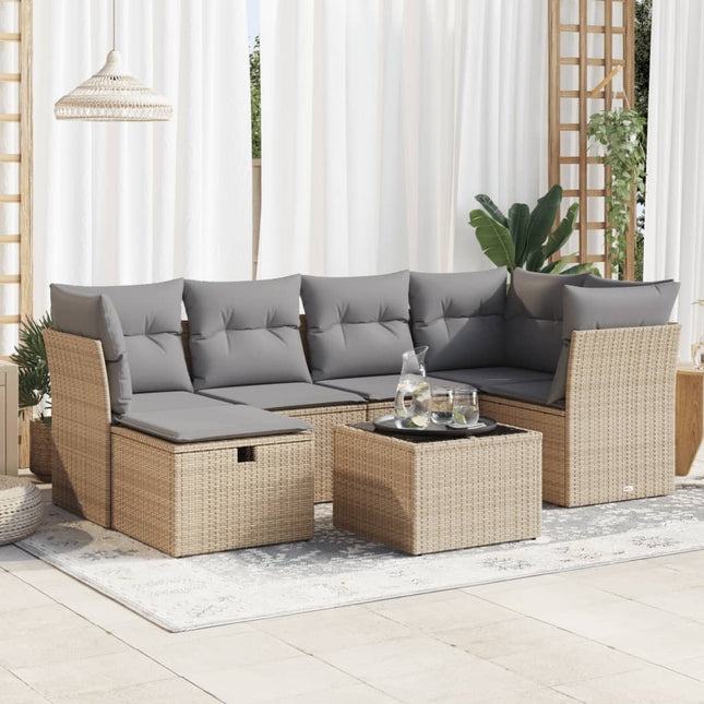 7-delige Loungeset met kussens poly rattan beige