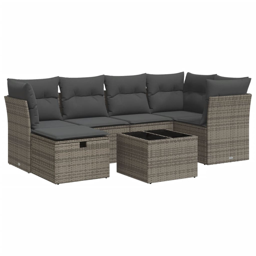 7-delige Loungeset met kussens poly rattan grijs
