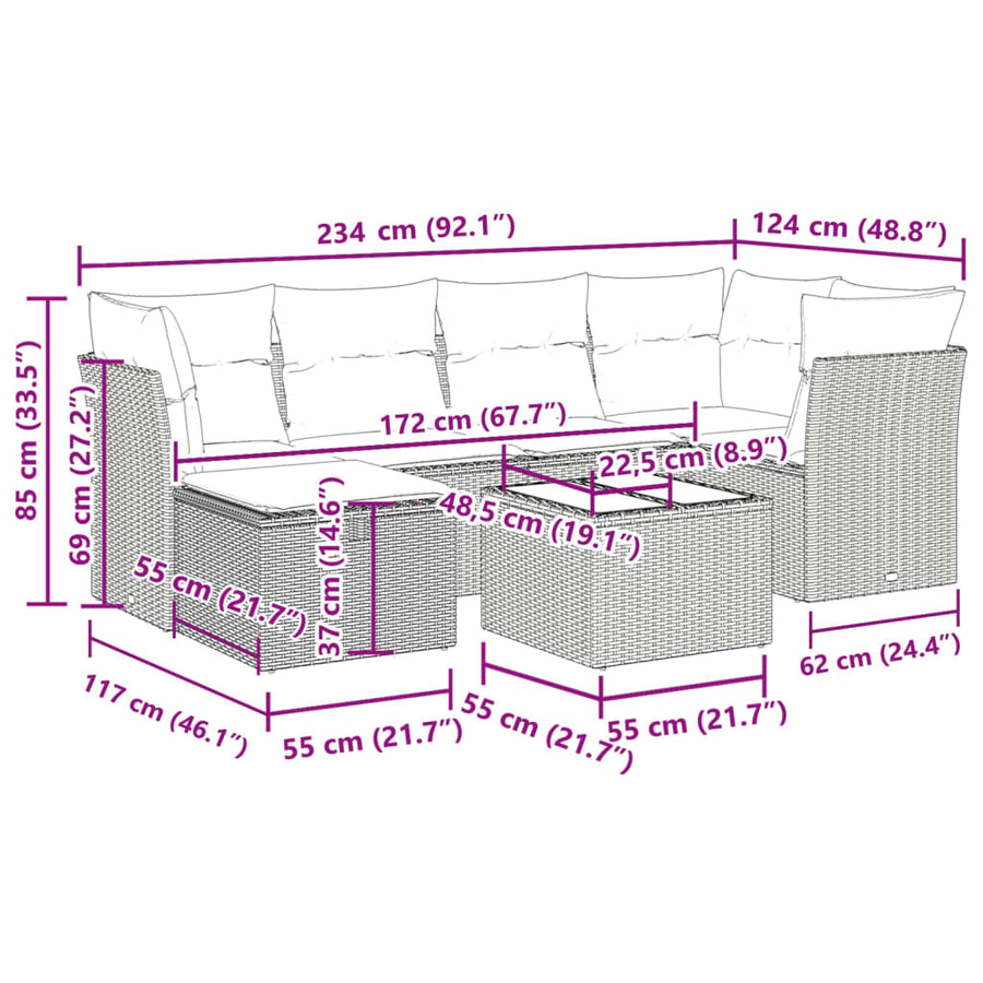 7-delige Loungeset met kussens poly rattan grijs