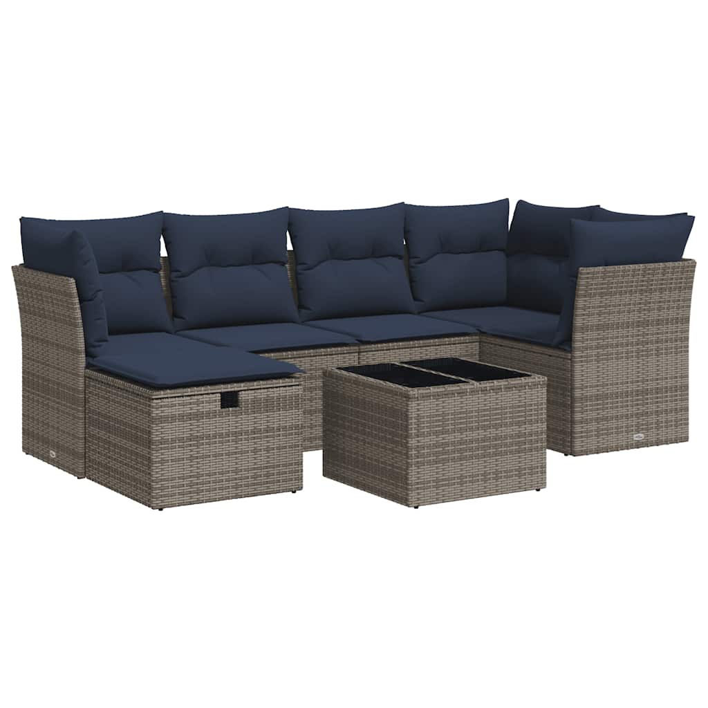 7-delige Loungeset met kussens poly rattan grijs