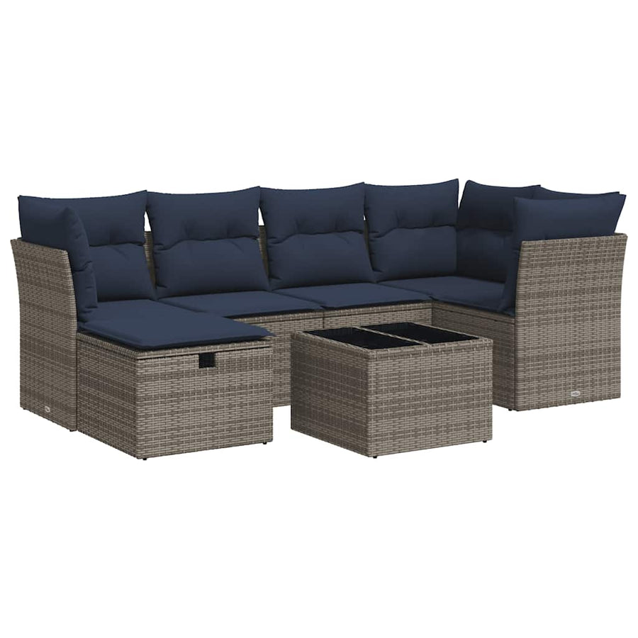 7-delige Loungeset met kussens poly rattan grijs