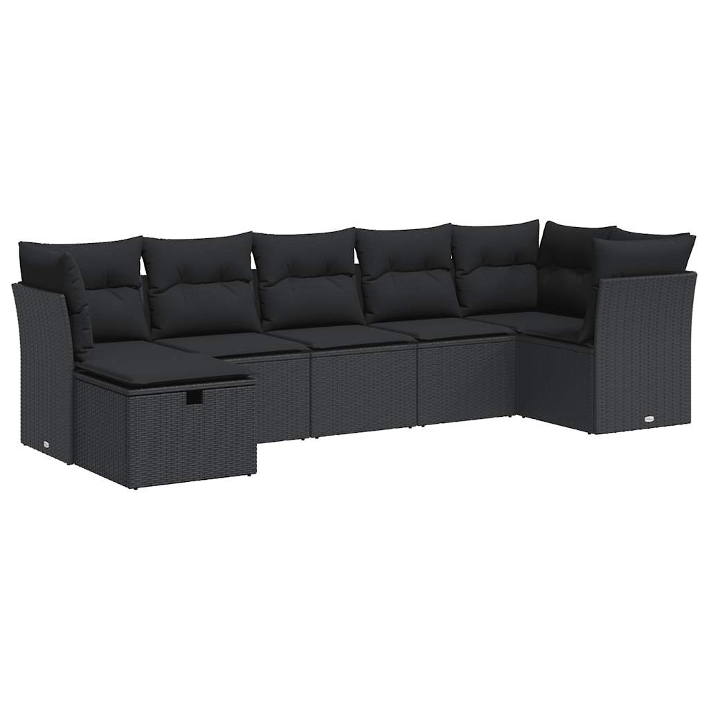 7-delige Loungeset met kussens poly rattan zwart