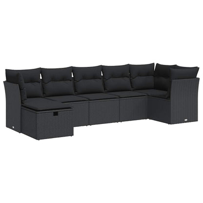 7-delige Loungeset met kussens poly rattan zwart