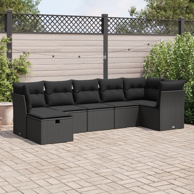 7-delige Loungeset met kussens poly rattan zwart