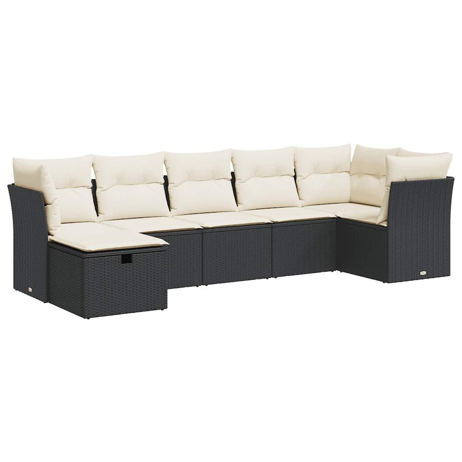 7-delige Loungeset met kussens poly rattan zwart