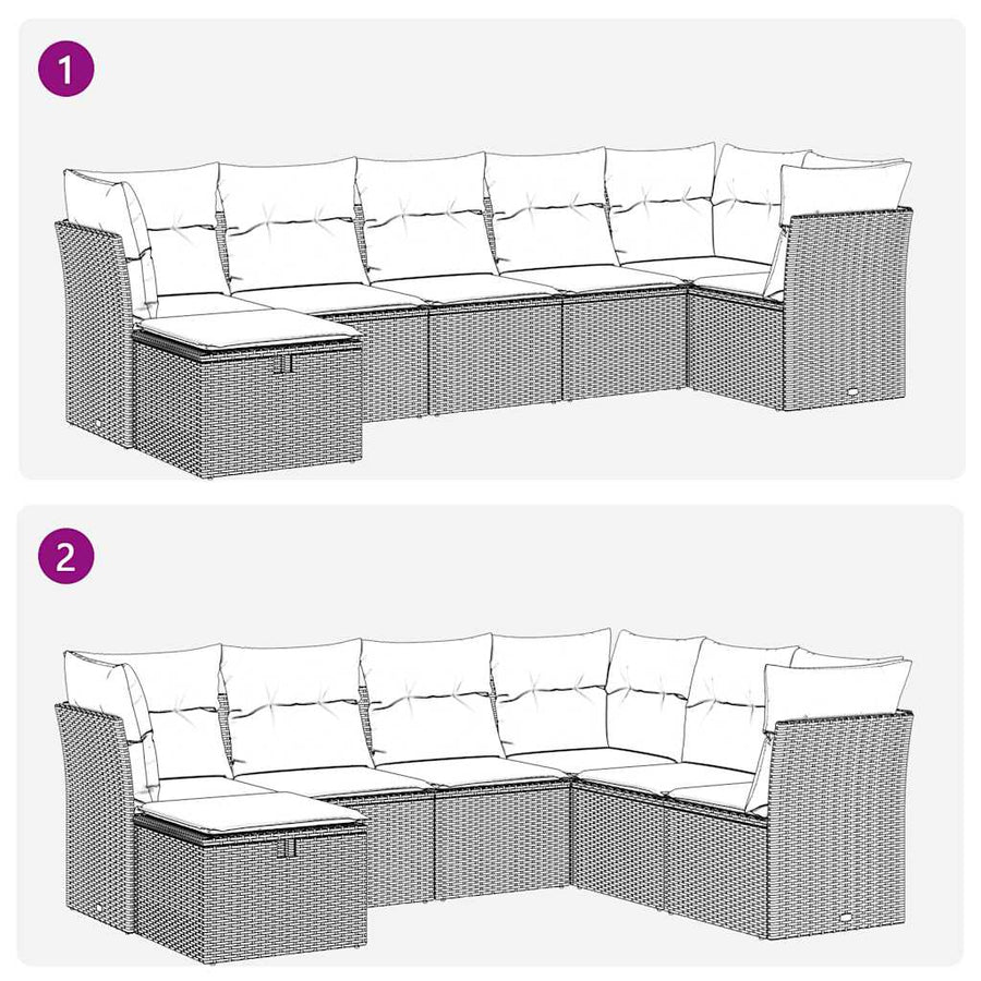7-delige Loungeset met kussens poly rattan zwart