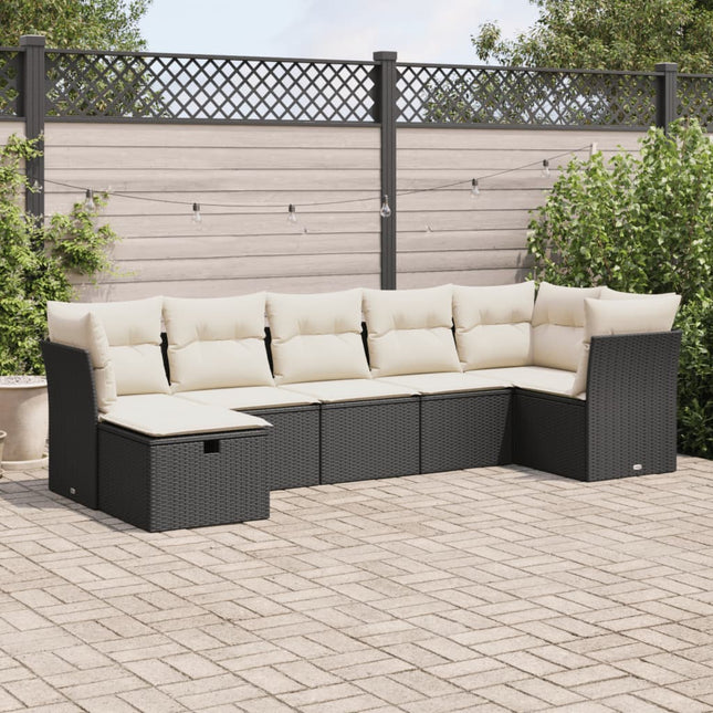 7-delige Loungeset met kussens poly rattan zwart