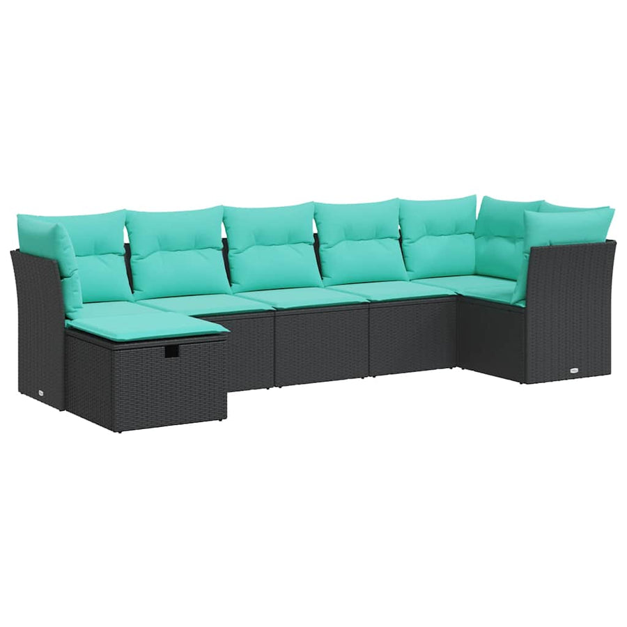 7-delige Loungeset met kussens poly rattan zwart