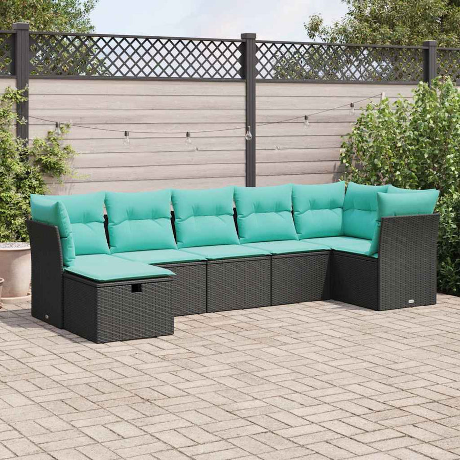 7-delige Loungeset met kussens poly rattan zwart