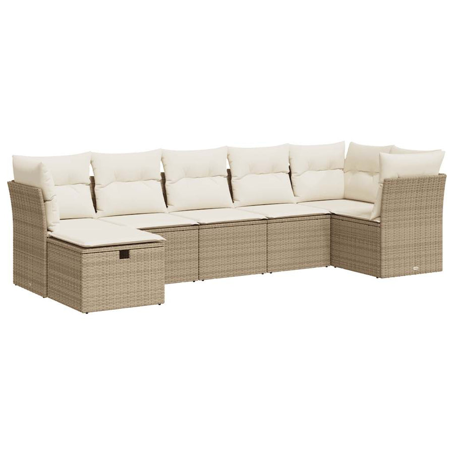 7-delige Loungeset met kussens poly rattan beige