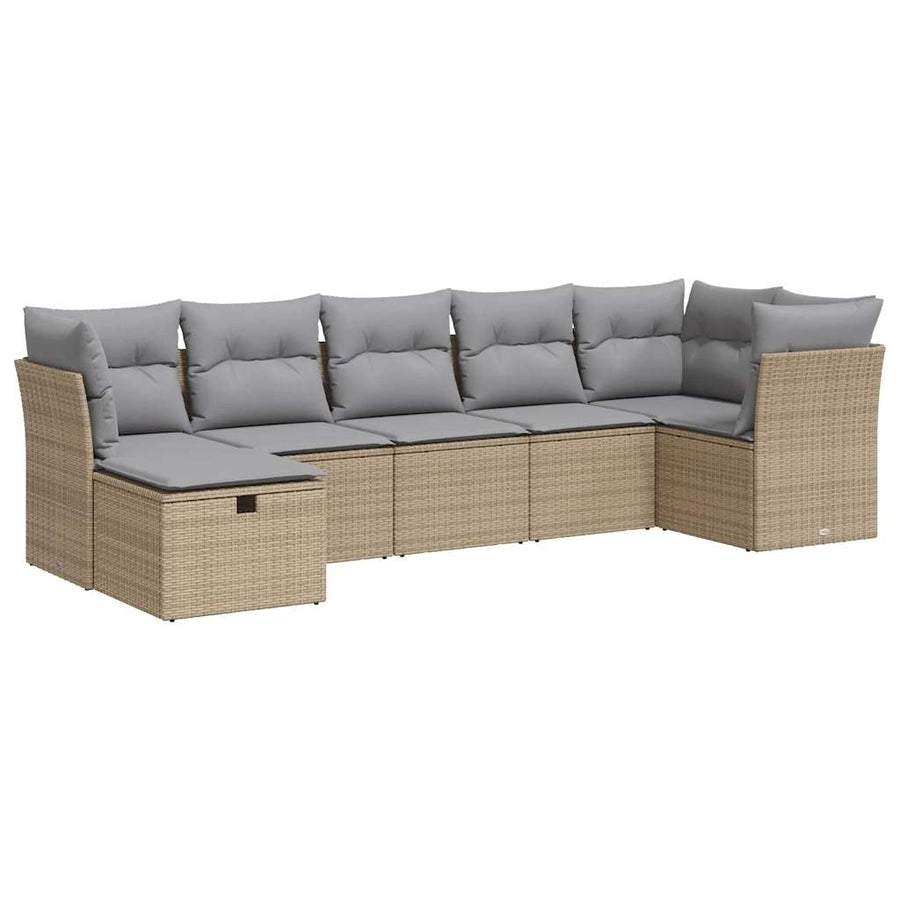 7-delige Loungeset met kussens poly rattan beige